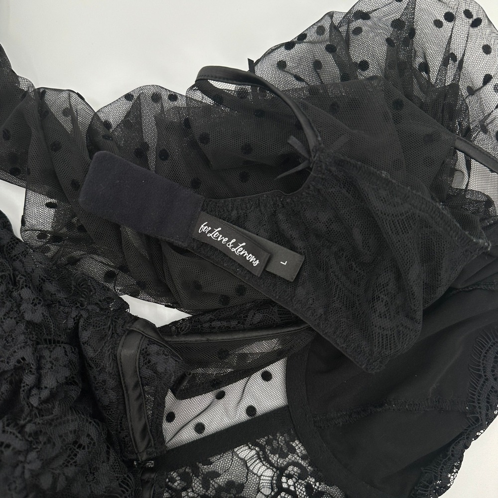 For Love & Lemons Black Lace Polka Dot Corset Sheer Ruched Mini Dress Womens L - Picture 7 of 11